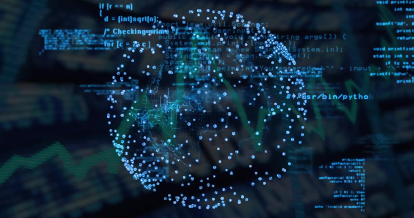 After activation, digital globe rotating with nodes while code snippets scrolling for realtime data
