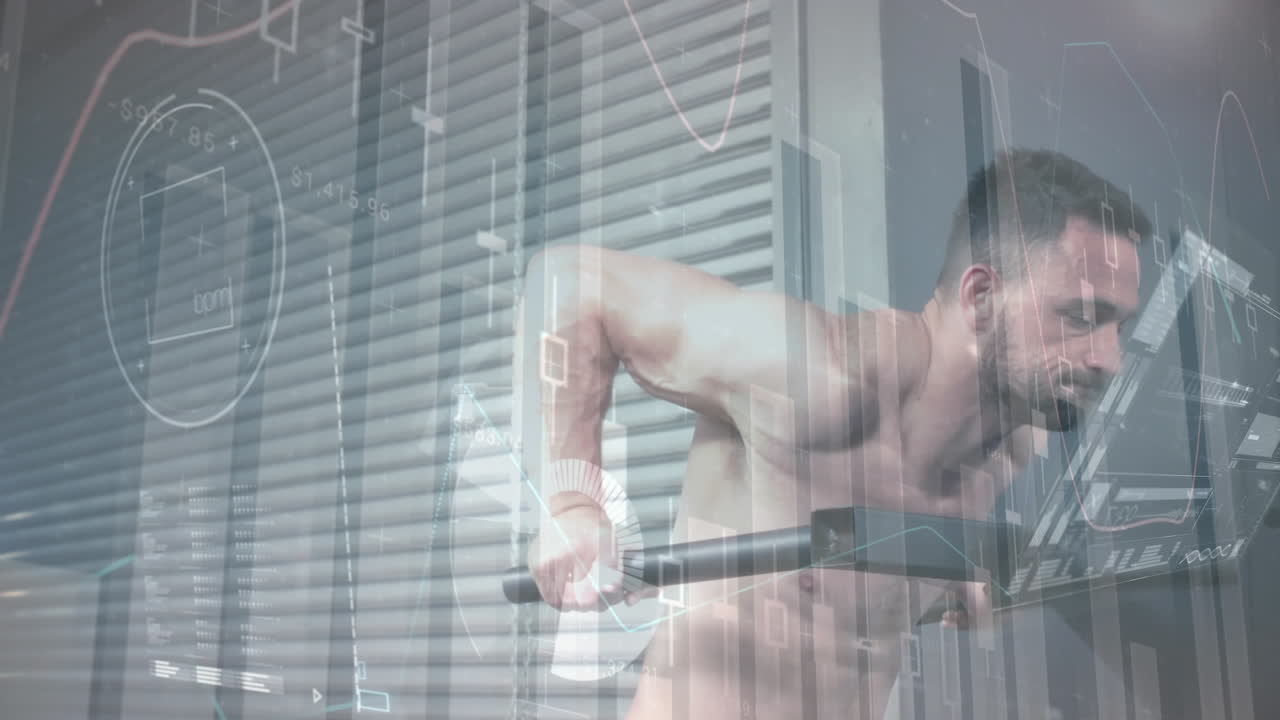 체육관 장비로 운동하는 강한 남자에 대한 데이터 처리 애니메이션