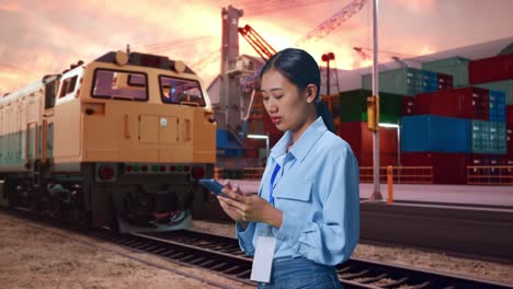 side view of asian female with freight cargo train at port, observes by looking up then she come to concentrating on the phone and keep on checking
