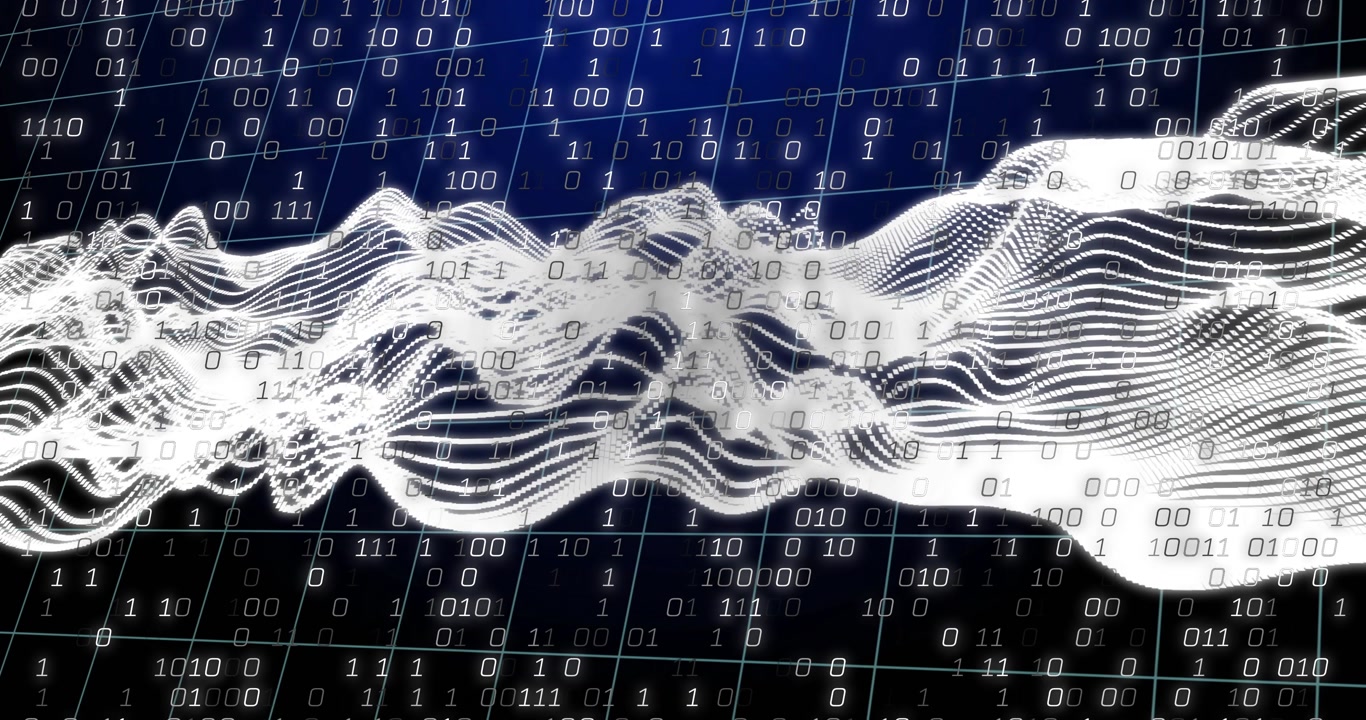 Glowing waveform starting, meshing and rising as bits cascading, camera zooming, visualizing data