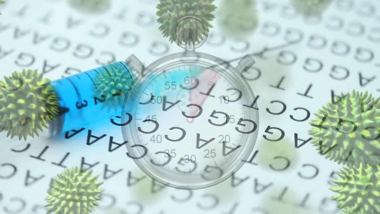 코로나바이러스 세포가 있는 스 ⁇ 와 주사기의 애니메이션과 배경에 코딩이 있습니다.