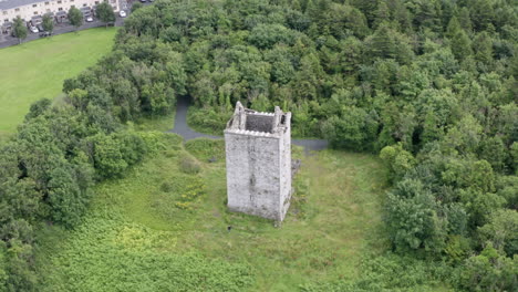 aerial reverse shot of merlin park castle in galway, ireland