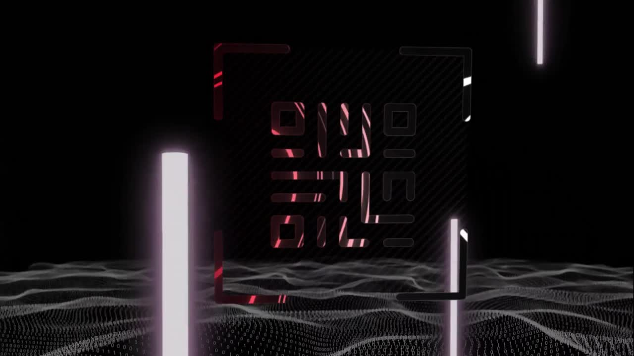 QR code scanner with neon elements against digital wave on black background