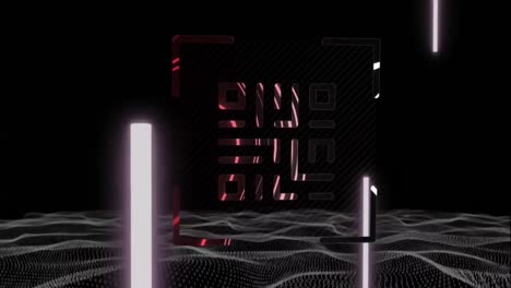 сканер qr-кода с неоновыми элементами против цифровой волны на черном фоне