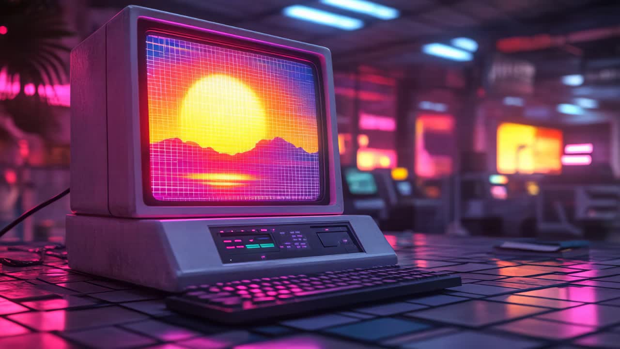 Retro Computer with Pixelated Sunset Display in a Cyberpunk Setting
