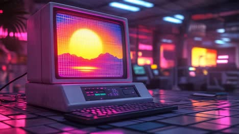 retro computer with pixelated sunset display in a cyberpunk setting