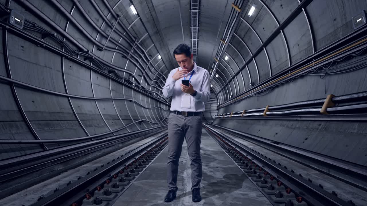 Full Body Of Asian Male Professional Worker With His Smartphone In Underground Subway Tunnel, He Is Nodding His Head With Dissapionted
