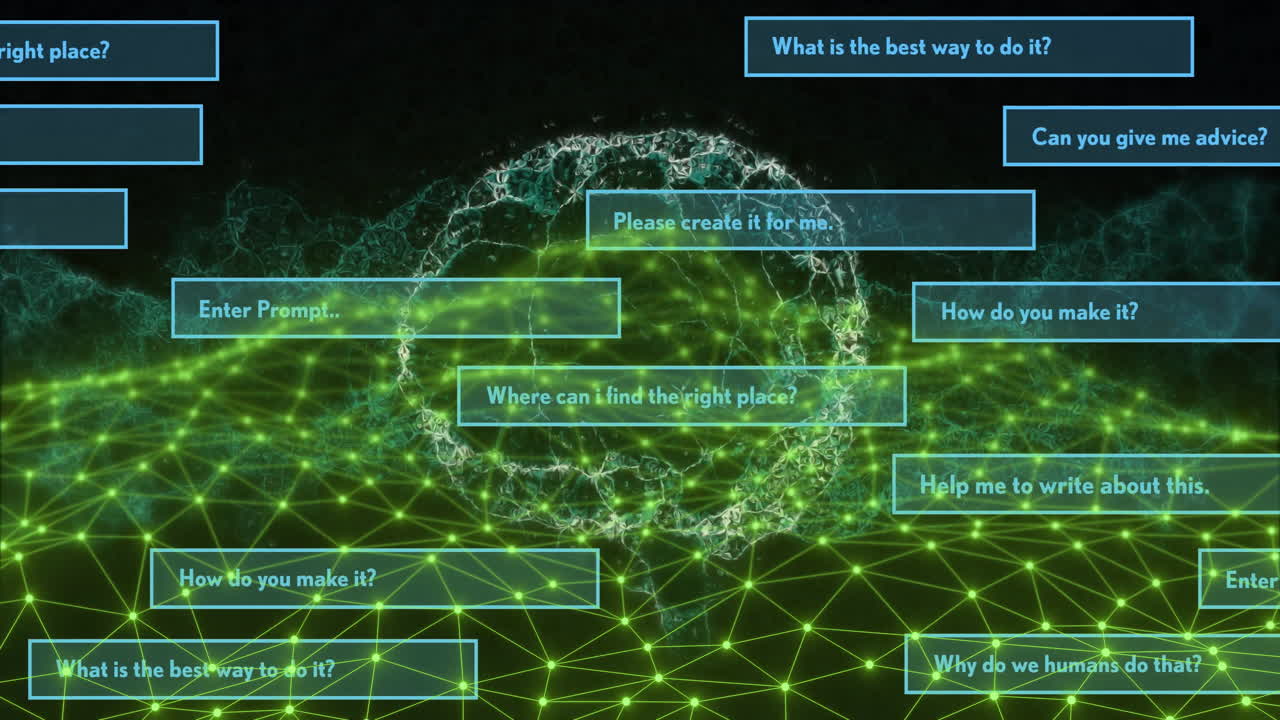 Digital prompts and questions floating over green network and sphere animation