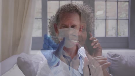 animation of male doctor holding test tube over senior woman talking on smartphone