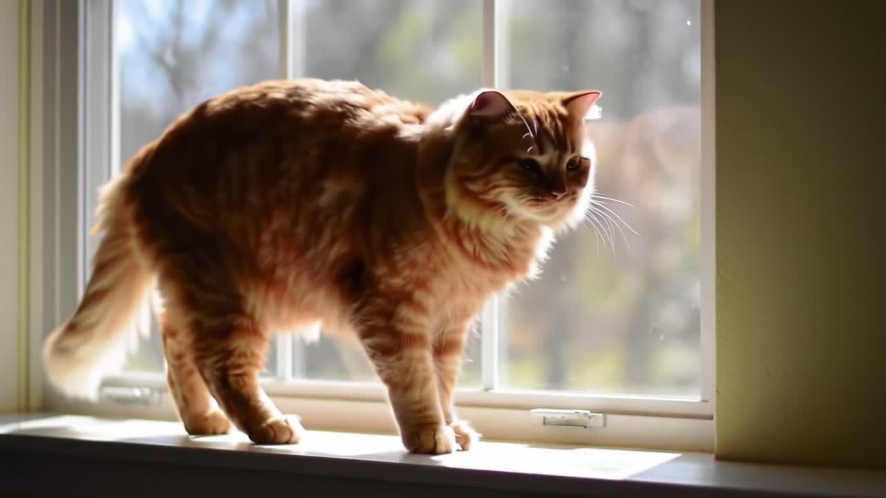 A Playful Ginger Cat Observing Nature Through the Window: Capturing the Curious Moments of Feline Life and Exploration in a Tranquil Setting