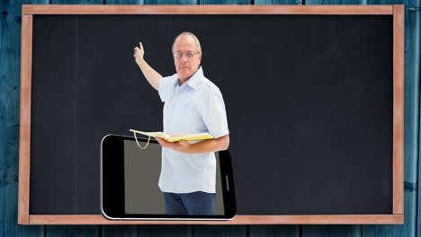 Animation-of-male-teacher-emerging-from-smartphone-and-pointing-to-chalkboard-in-classroom