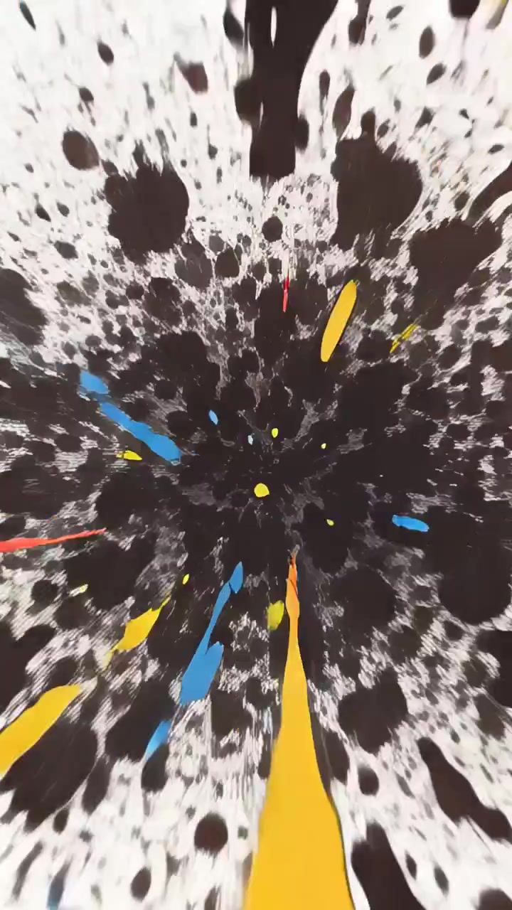Vertikal video: Sprængende maling med sort kerne på hvidt papir, mens kameraet zoomer ind og fragmenteres til prikker