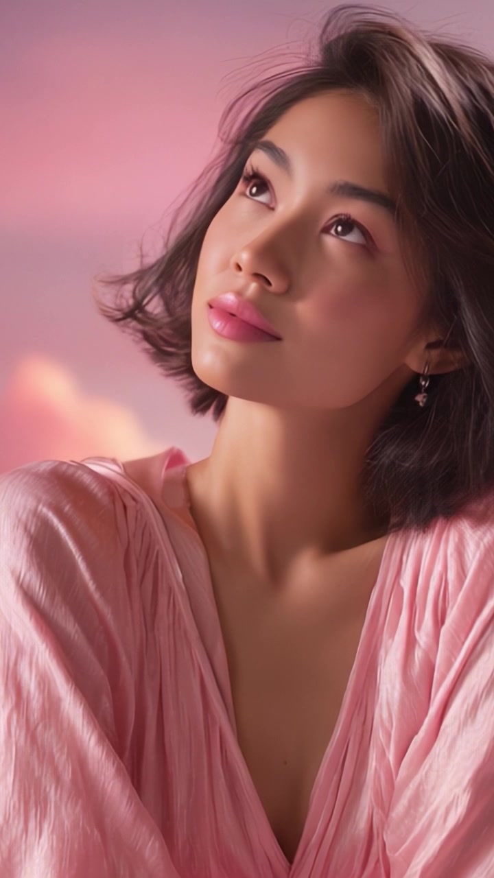 Ritratto accattivante di una giovane donna in tenui colori pastello, che irradia eleganza e sicurezza su uno sfondo rosa sognante, perfetto per ispirazioni di moda e bellezza.