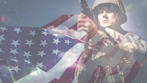 animation of snow falling over caucasian male soldier and flag of usa