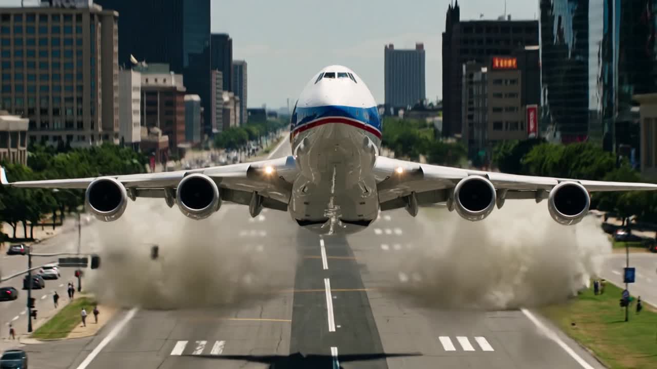 Dört motorlu jet, kalkış için şehir caddesi boyunca motorlarını çalıştırıyor, toz bulutları kaldırıyor.