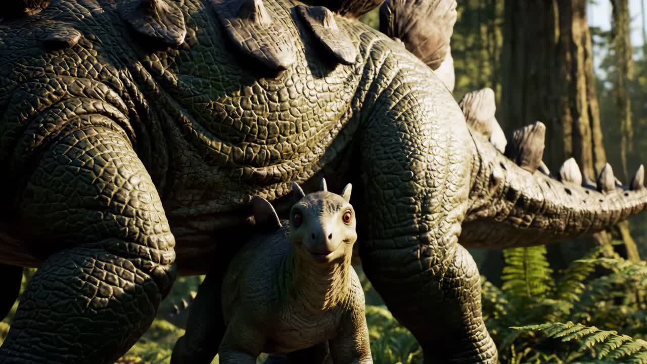 Stegosaurus and Baby Stegosaurus in a Lush Forest