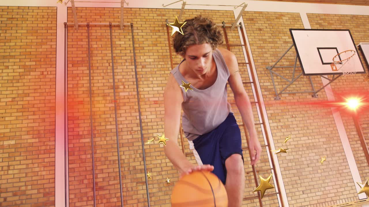 Male student starting right dribbling in sports by red line approaching lens, gold stars overlaying