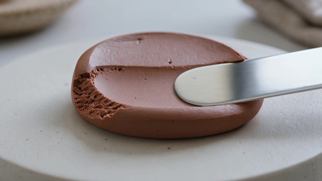 Pressing steel spatula scraping chocolate disc on white plate, forming decorative groove