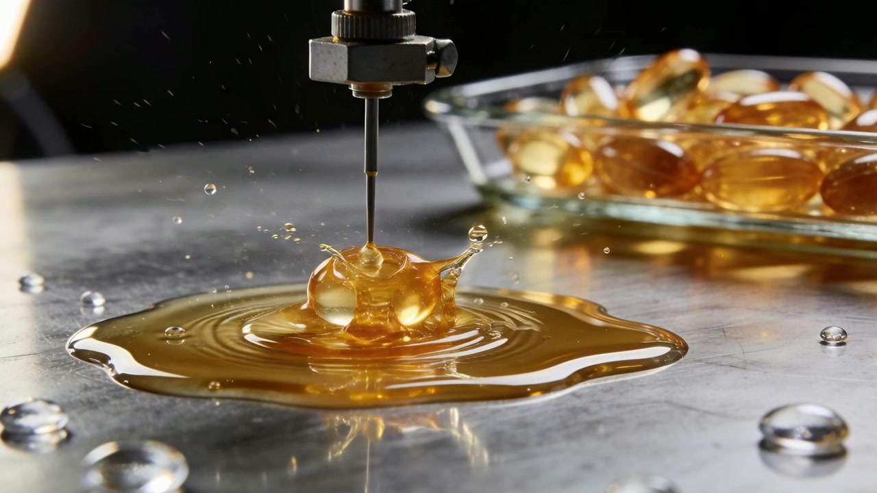 Ugello di metallo che rilascia una goccia che colpisce una pozza sul tavolo dello studio, creando una corona con un piatto di gel per la pubblicità