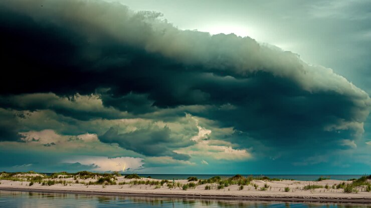 Temporale su mare e spiaggia - time-lapse di condizioni meteorologiche minacciose.