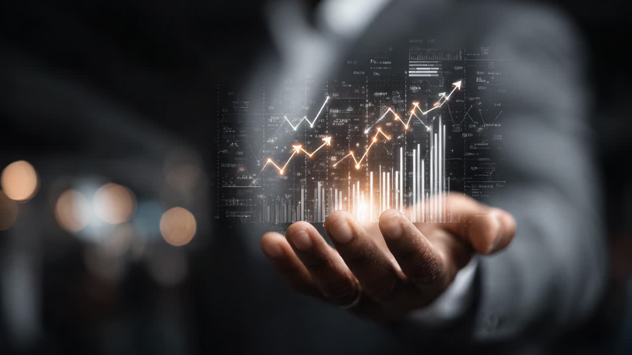 A Professional's Hand Holding a Transparent Data Display with Growing Statistical Graphs, Representing Business Growth, Analytics, and Financial Progress