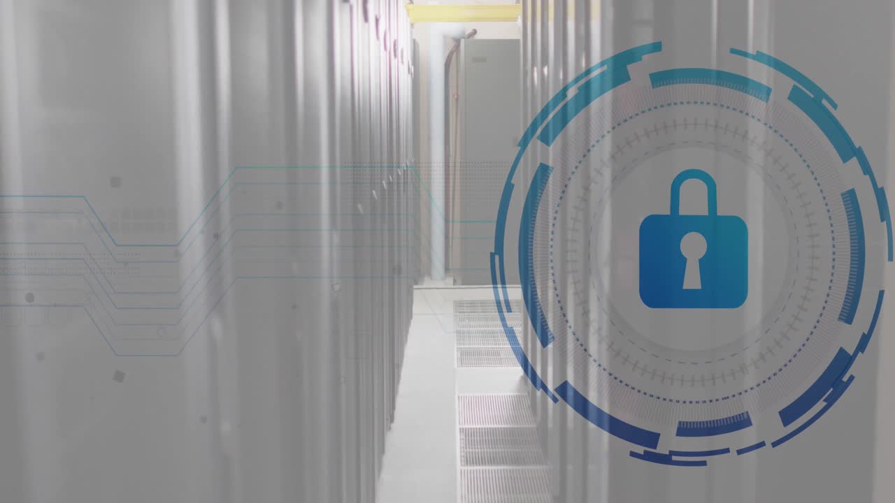 Animazione di un lucchetto in cerchi di caricamento su una sala server di dati.