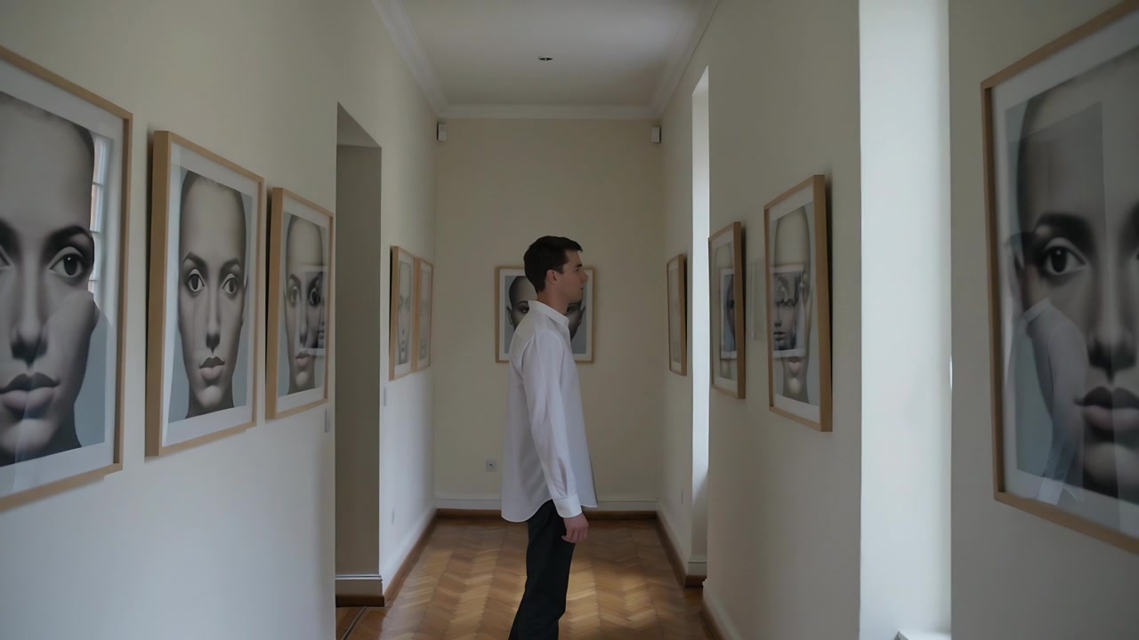 Individuando ritratti nella sala della galleria, un uomo in camicia bianca e pantaloni scuri si fa avanti, studiando i volti.