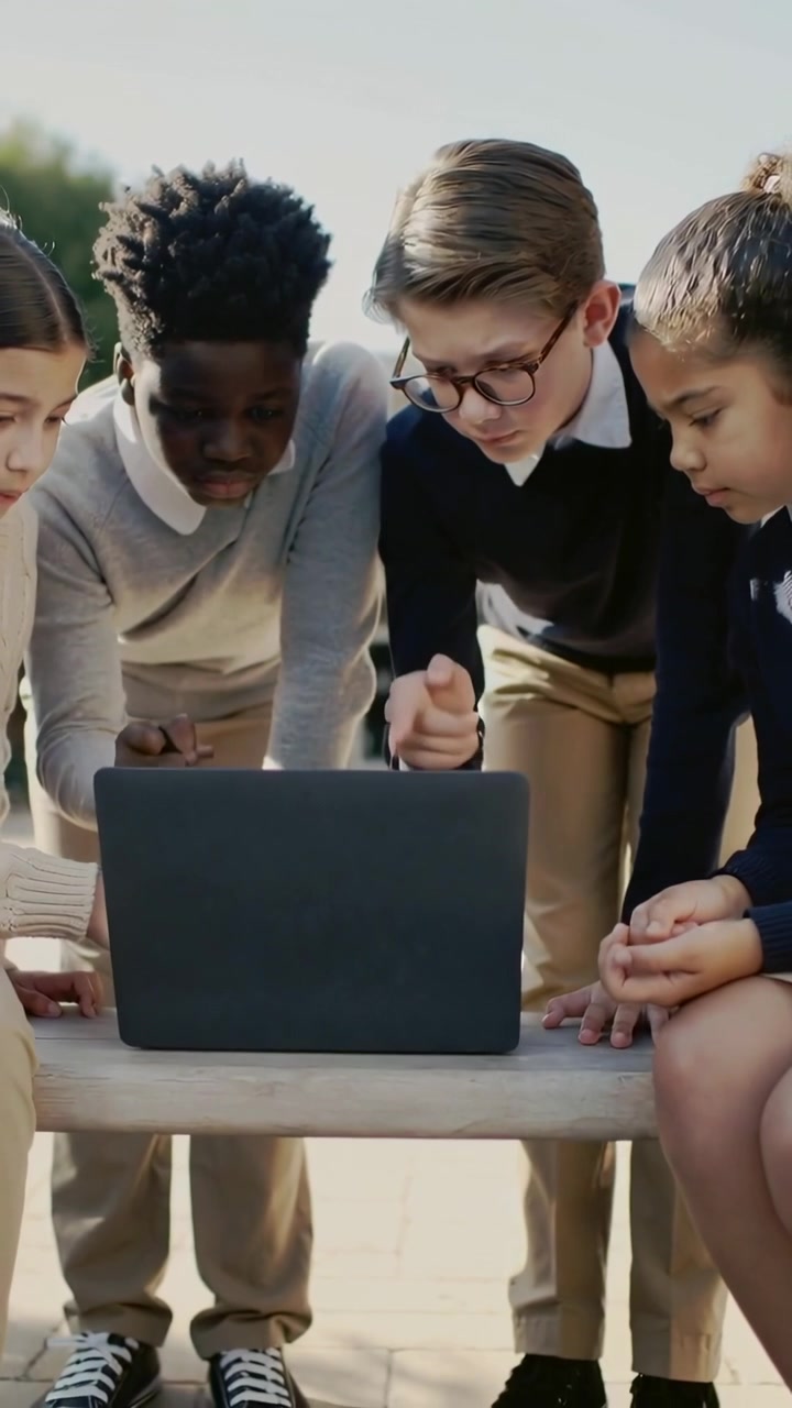 Vertical video: Noticing laptop, four kids in collared tops leaning over school bench to work