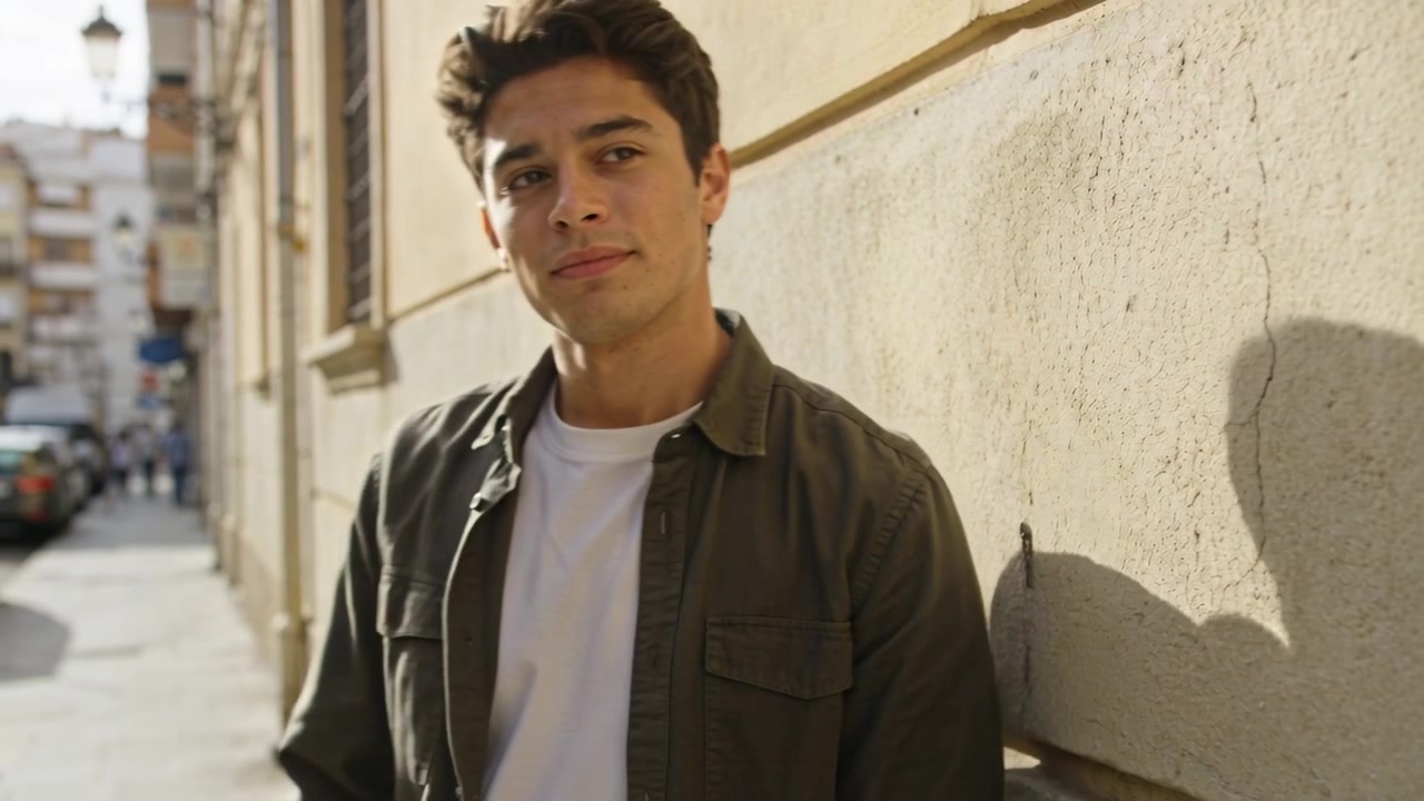 Un uomo appoggiato a un muro di stucco su un marciapiede stretto, si sistema la camicia color oliva e osserva le auto.