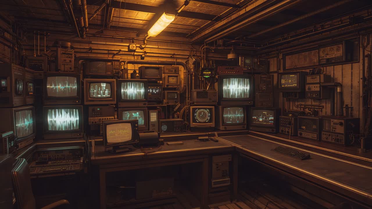 Pulsing waveforms on CRT monitors illuminating control room console, tracking system signals