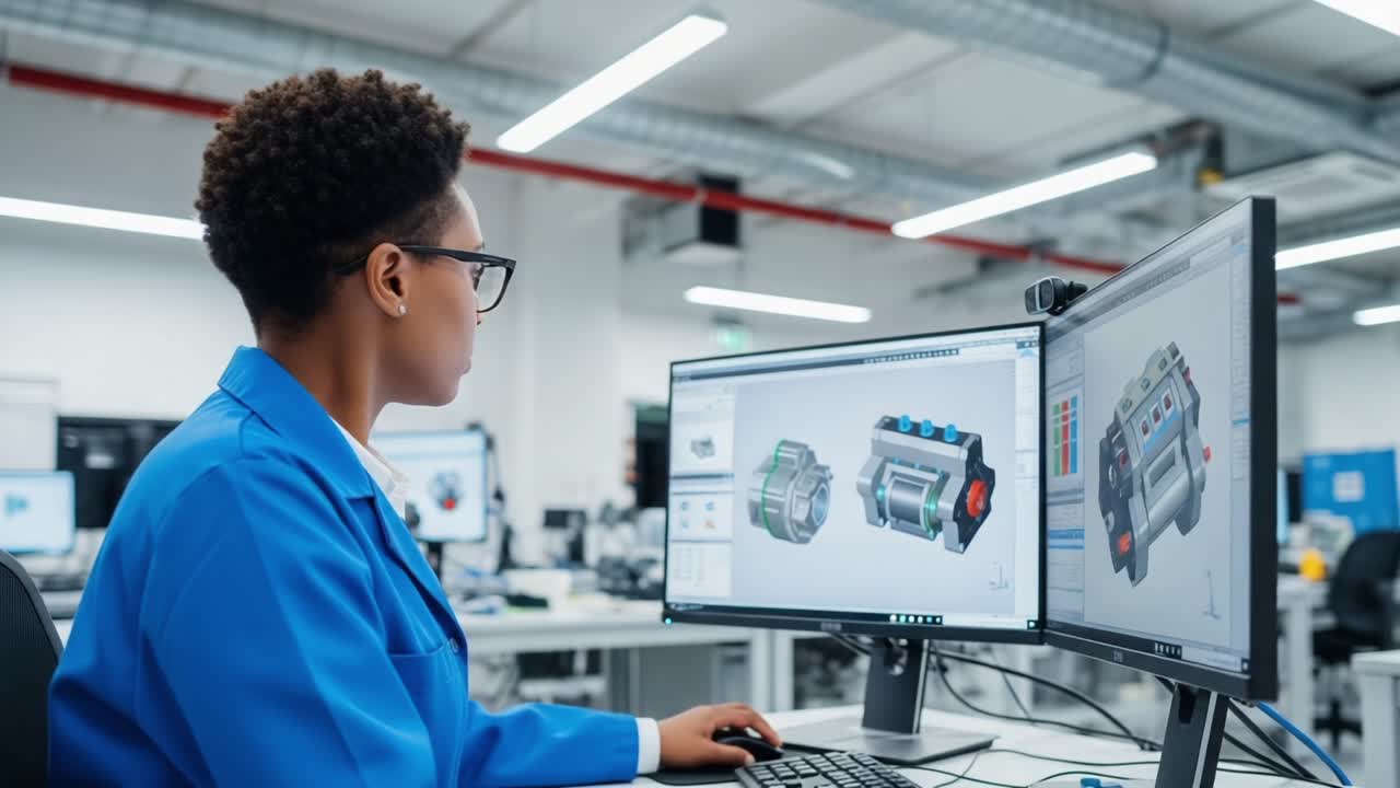 A Focused Engineer Analyzing 3D Models on Dual Monitors in a Modern Design Environment, Showcasing Technical Skills and Precision in Engineering