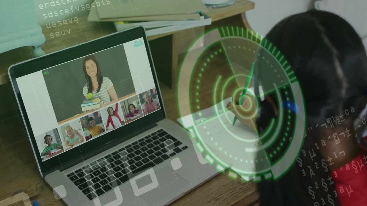 Child attending online class on laptop with digital radar animation overlay