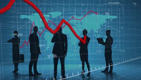 gráficos en movimiento y procesamiento de datos contra siluetas de empresarios