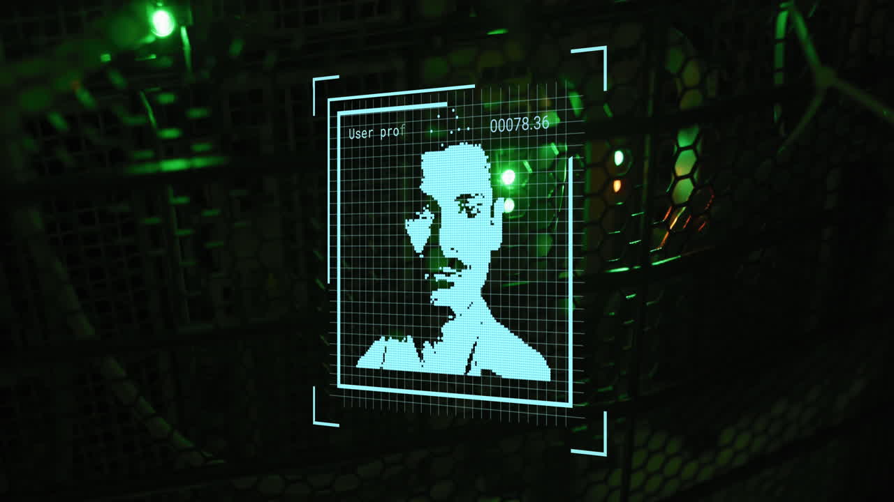 animación del procesamiento de fotos y datos biométricos a través de servidores informáticos