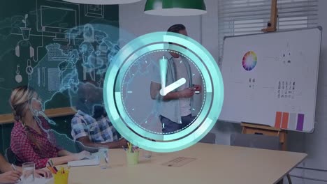 animation of global network and clock on scanner processing data over diverse colleagues at work