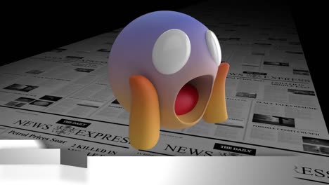 news interface and surprise face emoji against printing newspaper