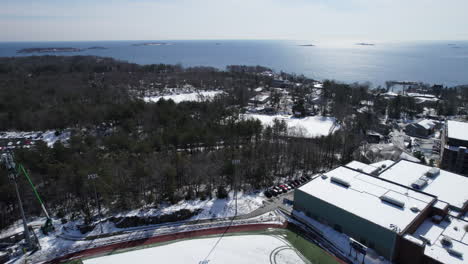 aerial drone view of cityscape in winter in beverly, massachusetts, usa