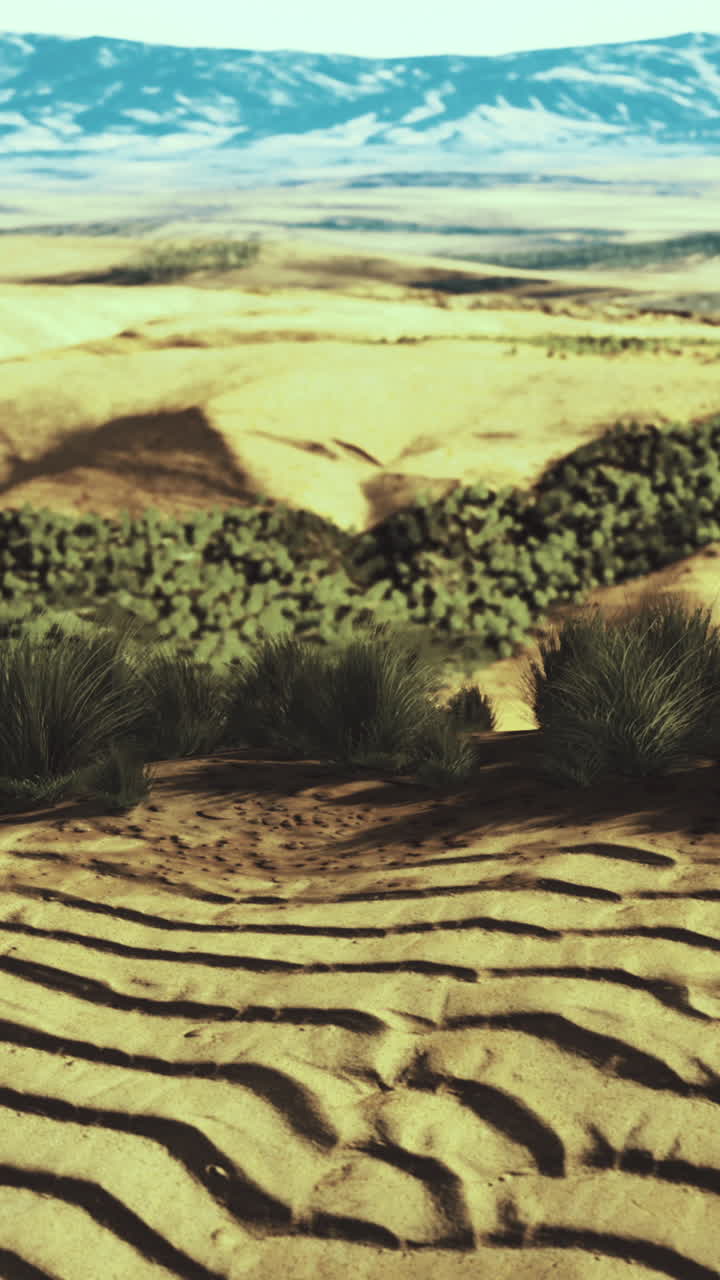 Vast desert landscape with undulating sand and distant mountains at sunset