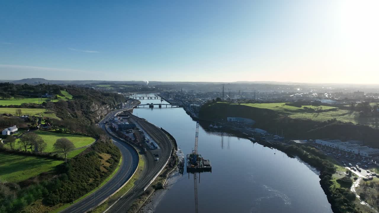 Epic Locations Waterford City drone Landscape early morning Suir River and entry point from motorway to the City