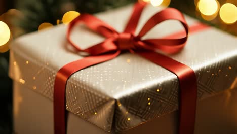 close-up of a wrapped gift with a red bow