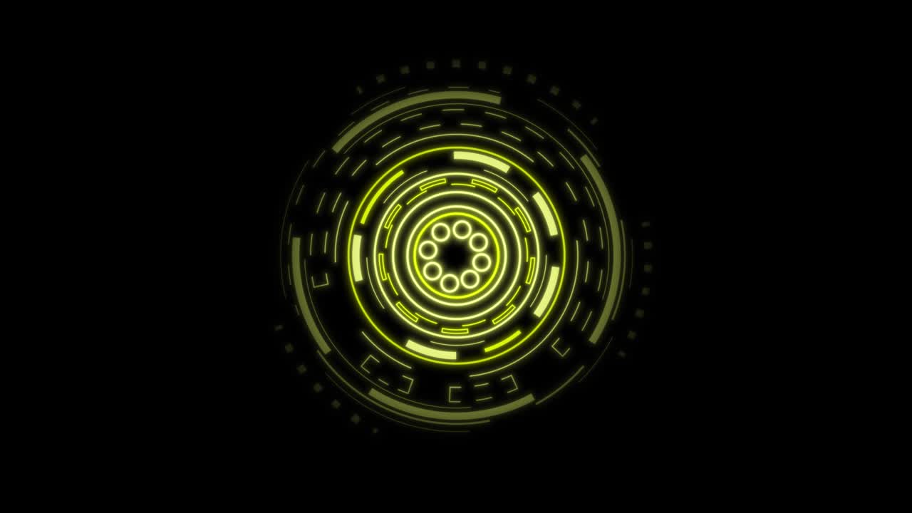 una pantalla amarilla futurista aislada sobre un fondo negro. innovación moderna en el ciberespacio. 4k