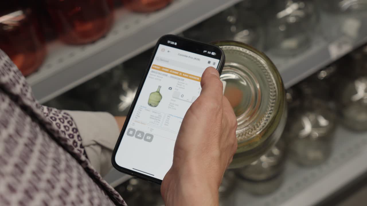 A person uses a smartphone to scan a product barcode in a store. Technology aids retail, inventory, and shopping. Ideal for business or tech themes.