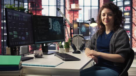 female it engineer doing maintenance on artificial intelligence systems