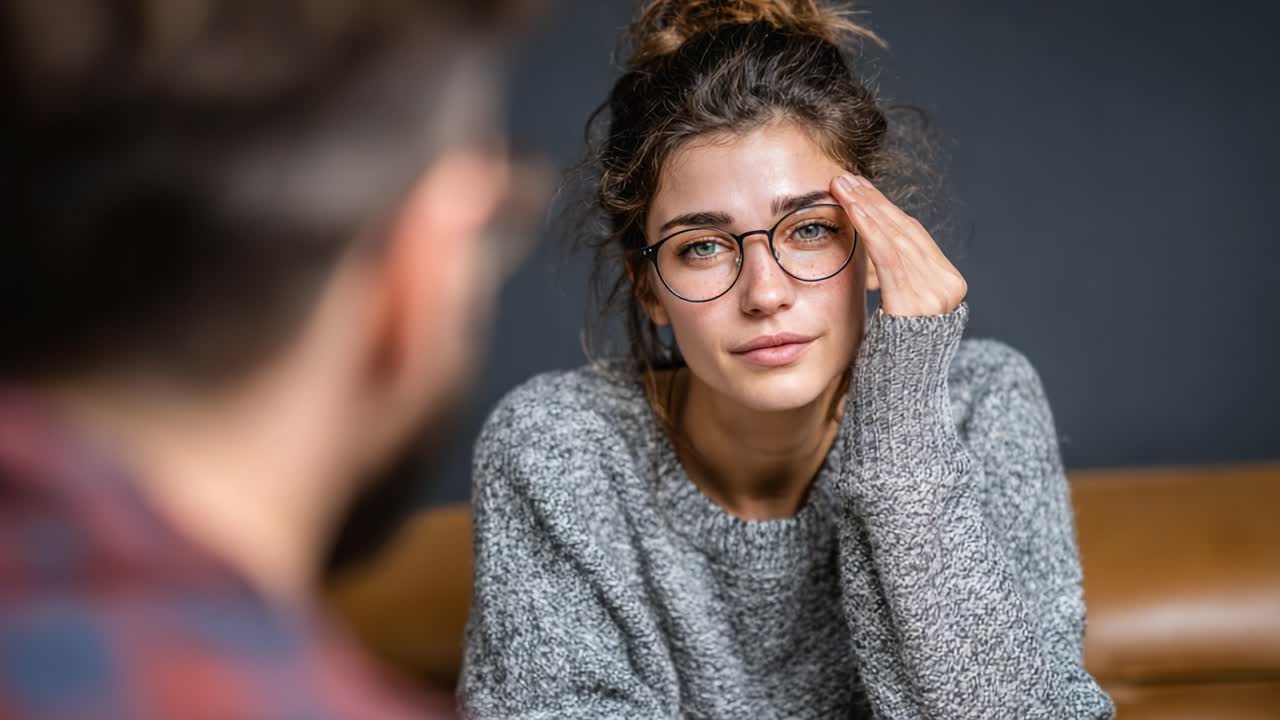 A candid moment of reflection: a young woman in a cozy sweater, lost in thought, engages in a meaningful conversation, expressing her feelings through a contemplative gaze