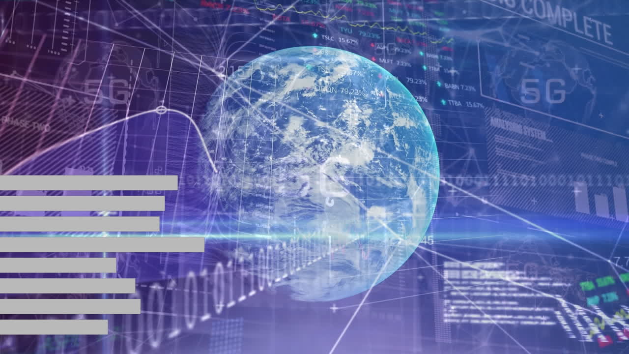 Animation of bars, binary codes, 5g text and trading board over globe against abstract background
