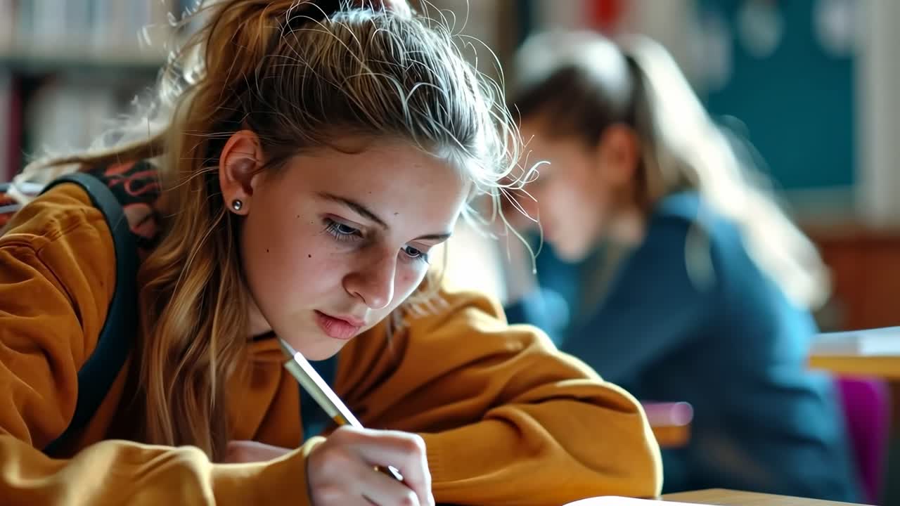 A focused student writing in a classroom, captured in a close-up angle