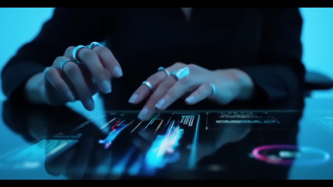 Person interacting with a futuristic touchscreen interface