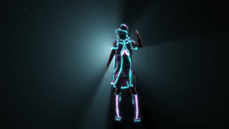 Cyber-Sci-Fi-girl-wearing-new-age-clothes-with-neon-glowing-lights,-dancing-doogie-in-front-of-volumetric-light,-with-light-rays-coming-through,-3D-animation