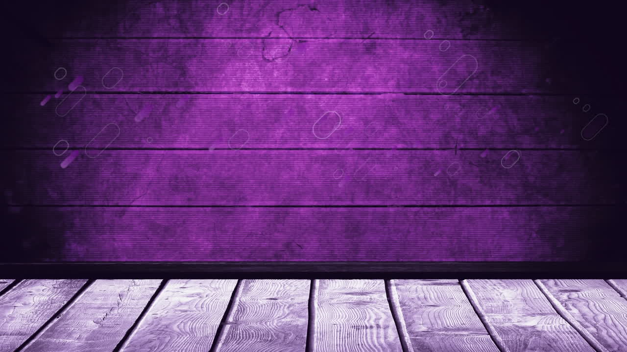 animación digital de rastros de luz púrpura que caen sobre una superficie de madera contra un fondo púrpura