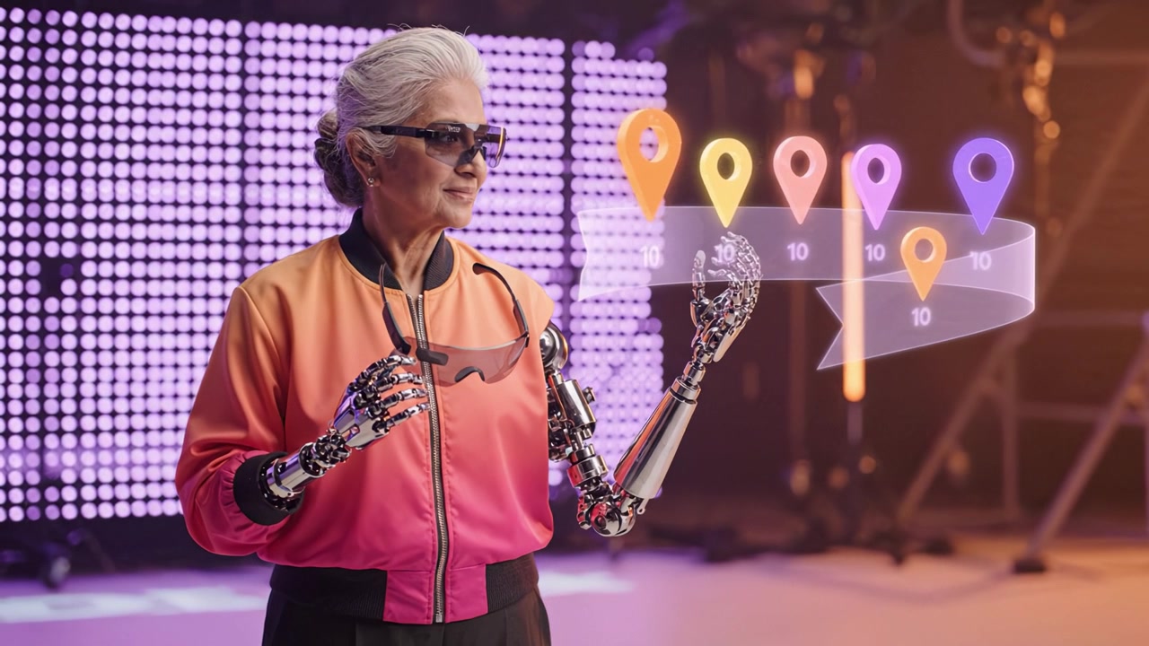 A confident elderly woman wearing a stylish jacket poses with robotic arms while showcasing advanced technology, highlighting innovation and the future of robotics.
